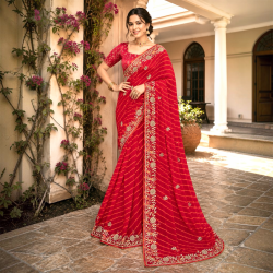 Rajputi Chiffon Hand Embroidered Lehariya Saree- Red
