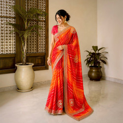 Rajputi Chiffon Leheriya Gotta Patti Saree- Sindoori