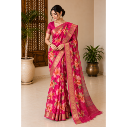 Rani Pink Designer Floral Chiffon Banarasi Border Saree