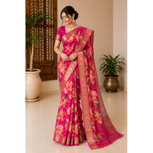 Rani Pink Designer Floral Chiffon Banarasi Border Saree