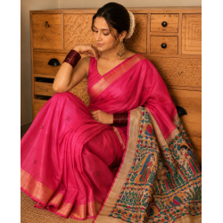 Rani Pink Pure Bapta Silk with Ghicha Madhubani work Saree