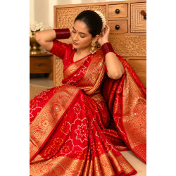 Red Bandhani Pure Russian Crepe Silk Cutdana Handwork Saree