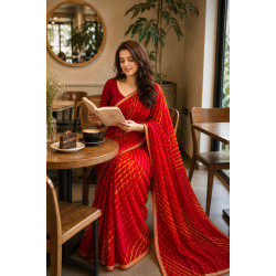 Red Pure Chiffon Leheriya Saree