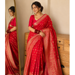 Red Pure Handloom Khaddi Georgette Kadwa Butta Banarasi Saree