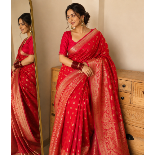 Red Pure Handloom Khaddi Georgette Kadwa Butta Banarasi Saree