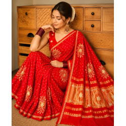 Red Pure Modal Gajji Silk Bandhani Gota Patti Work Saree