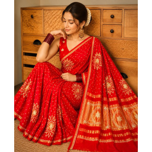 Red Pure Modal Gajji Silk Bandhani Gota Patti Work Saree