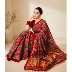 Red Pure Modal Handblock Ajrakh Mirror Work Saree