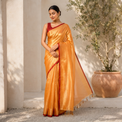 Regal Elegance Handloom Raga Tissue Cotton Saree- Orange Golden