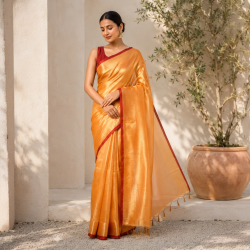 Regal Elegance Handloom Raga Tissue Cotton Saree- Orange Golden