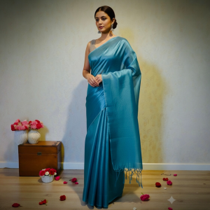 Regal Elegance Handloom Raga Tissue Cotton Saree- Peacock Blue