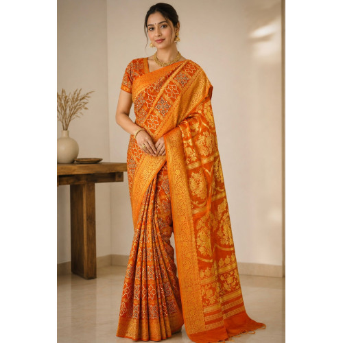 Rust Orange Premium Ajrakh Handblock Gharchola Saree with Golden Banarasi Zari Weaving