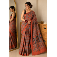 Rust Red Pure Modal Gajji Silk Ajrak Handblock Print Saree