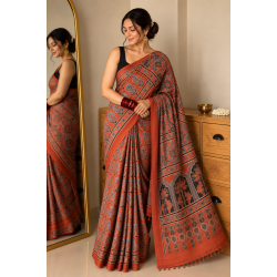 Rust Red Pure Modal Gajji Silk Ajrak Handblock Print Saree