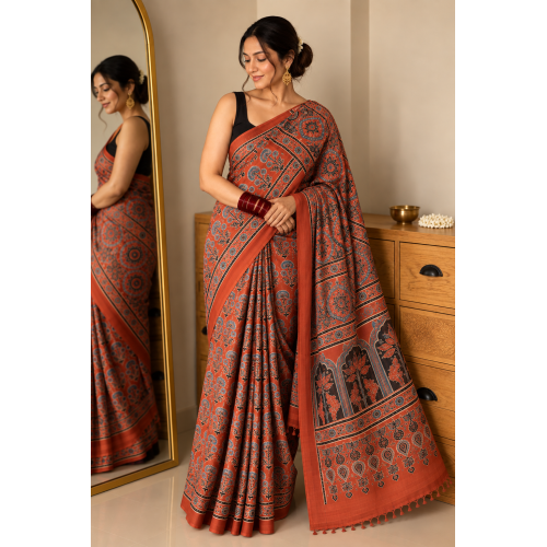 Rust Red Pure Modal Gajji Silk Ajrak Handblock Print Saree