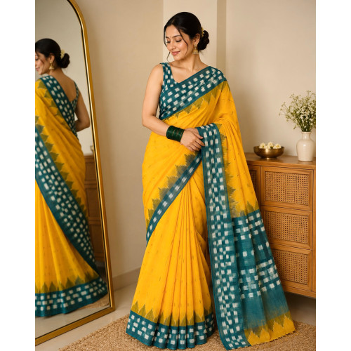 Sunflower Yellow Pure Handwoven Ikkat Cotton Saree
