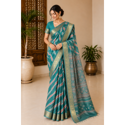 Teal Green Designer Pure Chiffon Banarasi Border Lehariya Saree