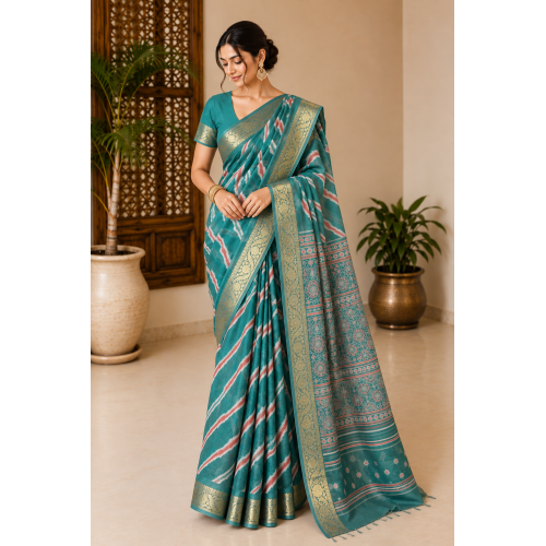 Teal Green Designer Pure Chiffon Banarasi Border Lehariya Saree