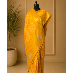Yellow Bandhani Pure Russian Crepe Silk Cutdana Handwork Saree