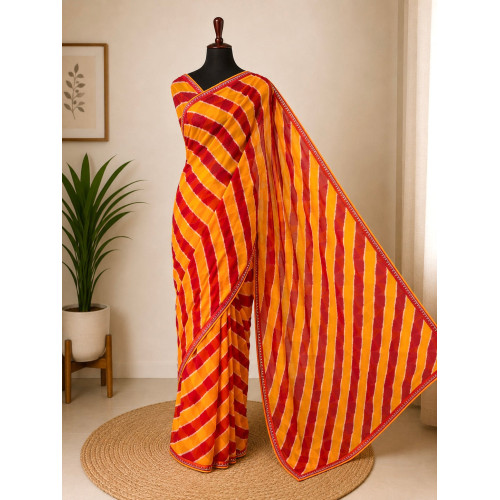 Yellow Red Designer Chiffon Leheriya Saree
